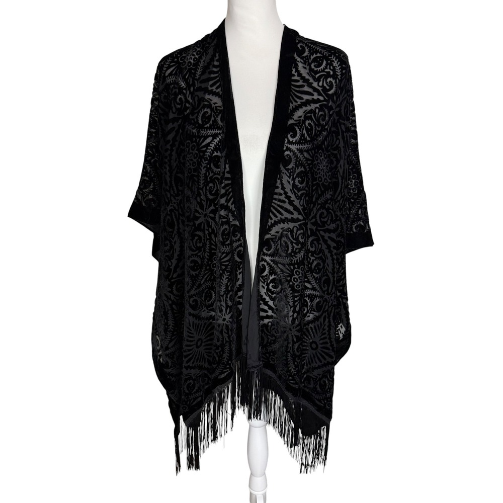Black Velvet Burnout Fringe Kimono Wrap One Size Open Front Shiraleah Chicago